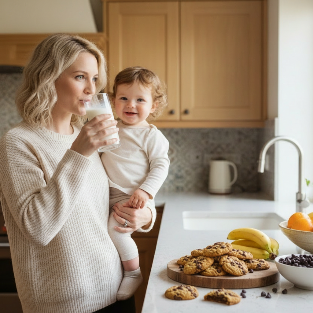mother with very blond hair and a baby on her hip drinking a glass of milk in front of a counter with the cookies and chocolate chips and bananas and oranges on the counter