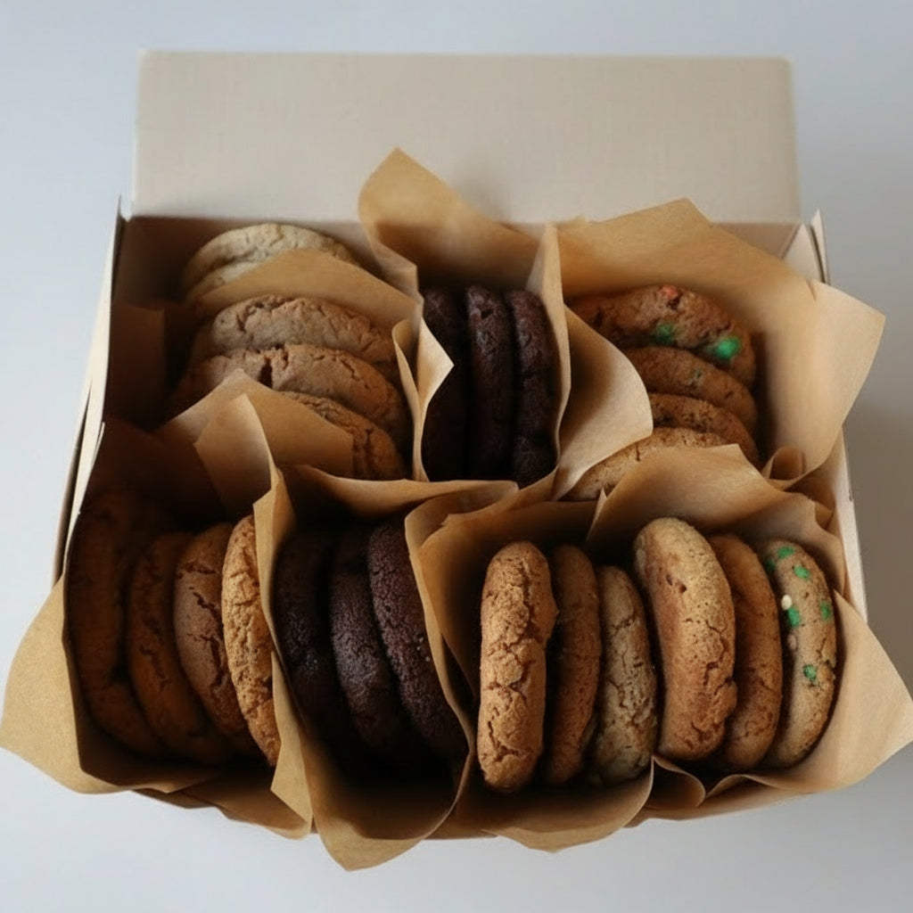 Assorted cookies in a box with brown tissue paper
