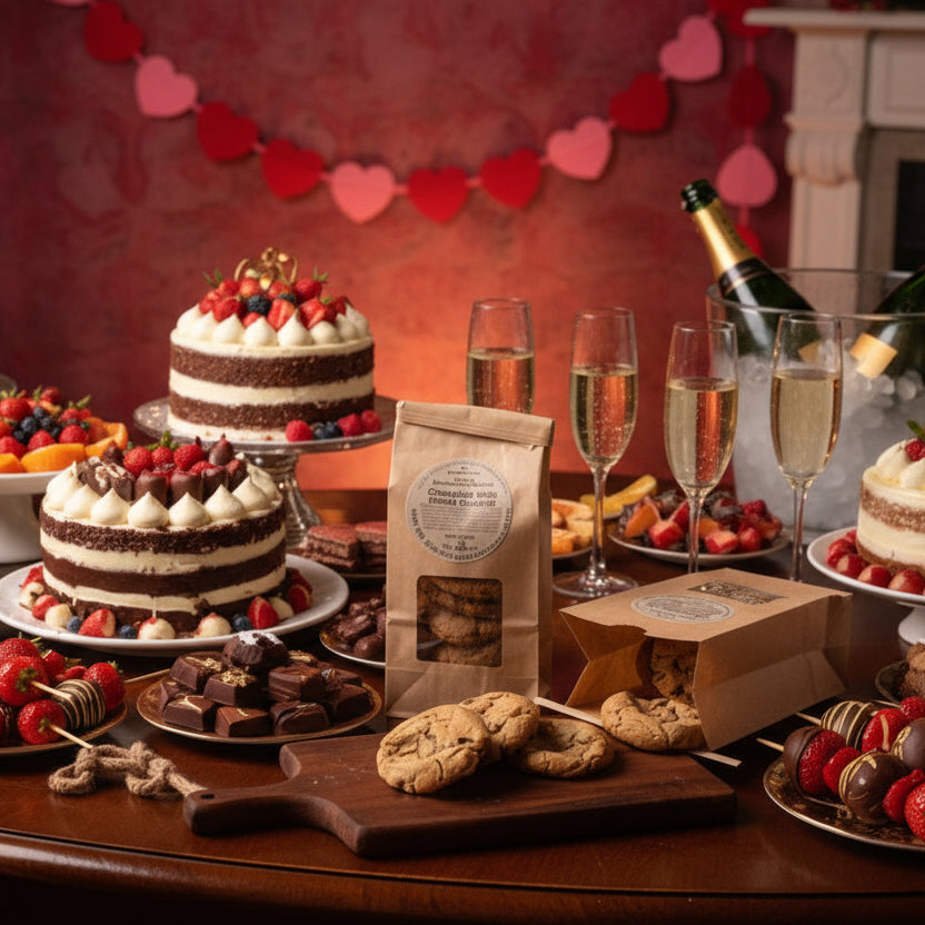 table with valentine desserts and champagne with cookies in teh middle