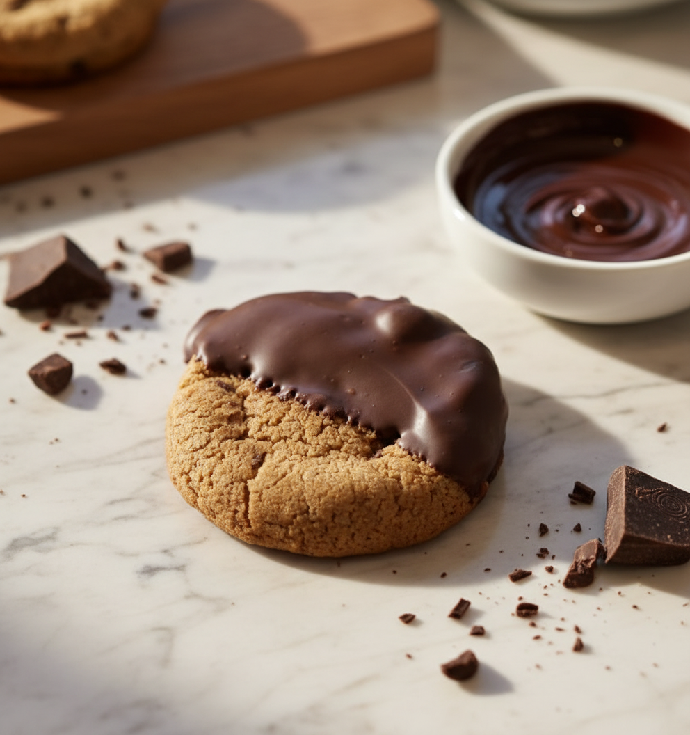Chocolate Dipped Chocolate Chunk Cookie in elegant setting