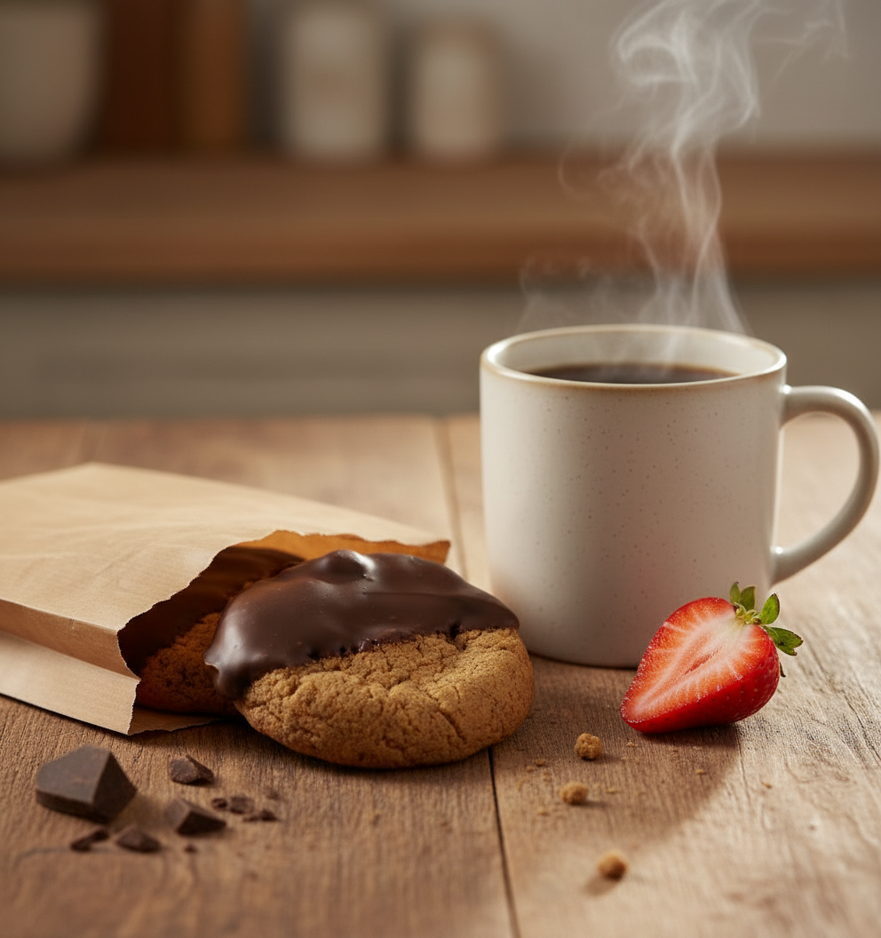 Chocolate Dipped Chocolate Chunk Cookie with Brown Paper Bag, Strawberry and Coffee