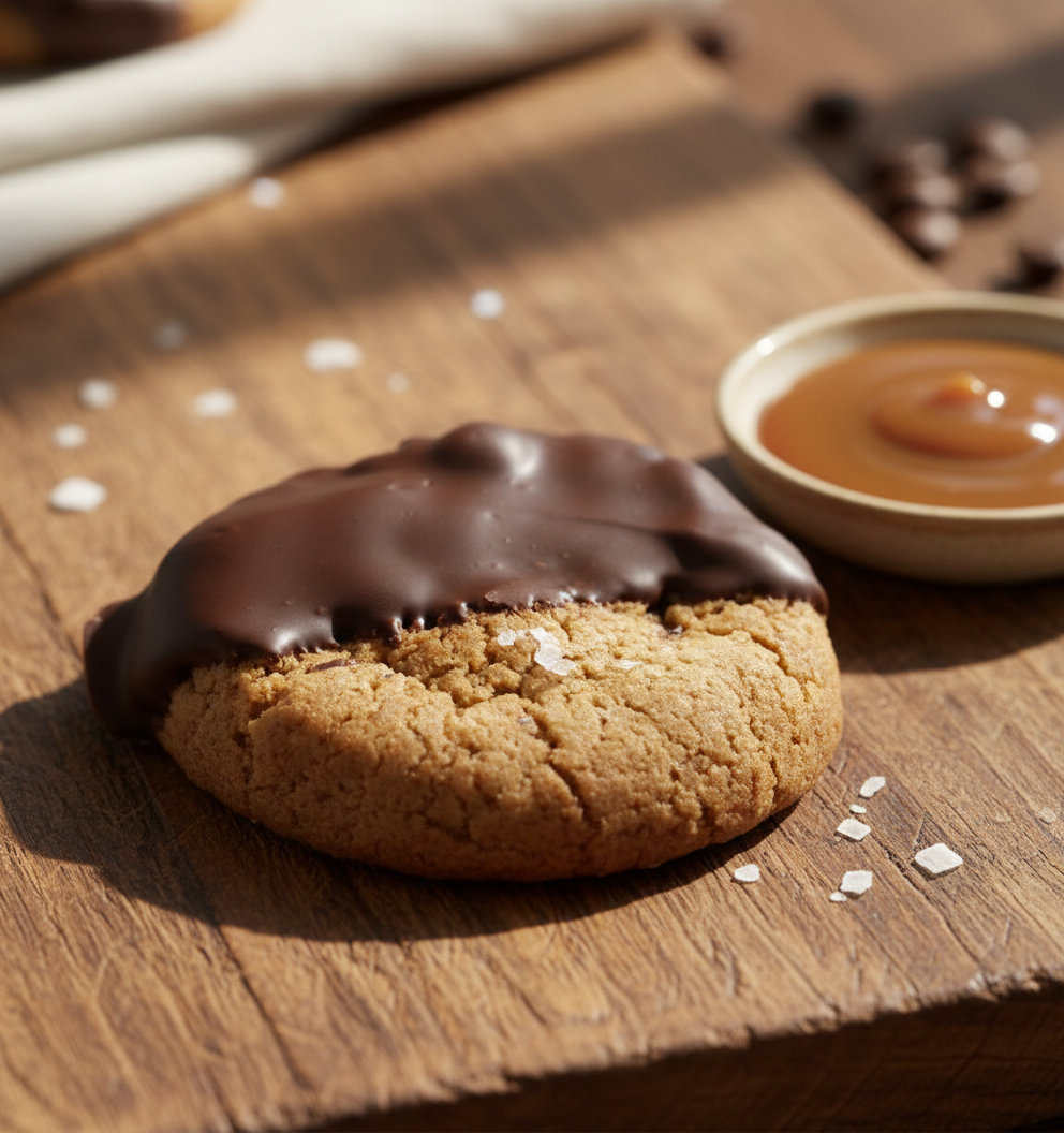 Chocolate Dipped Salted Caramel Cookie in elegant setting