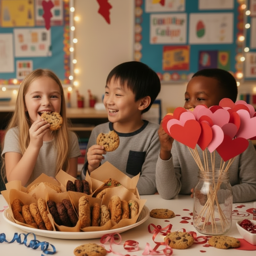Diverse Children Enjoying Clean Cookie Bundle at Inclusive School Holiday Party with Balanced Decorations
