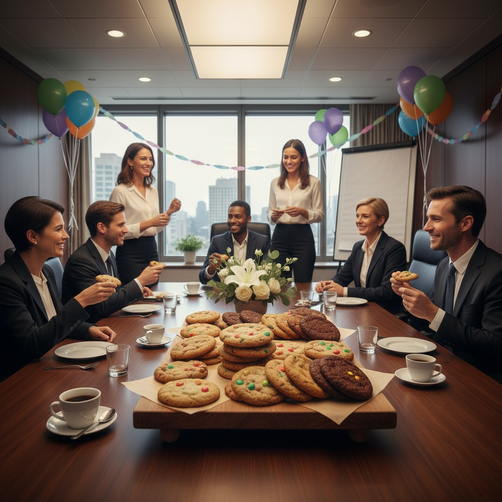 Professional Adults Enjoying Clean Cookie Bundle at Festive Boardroom Celebration